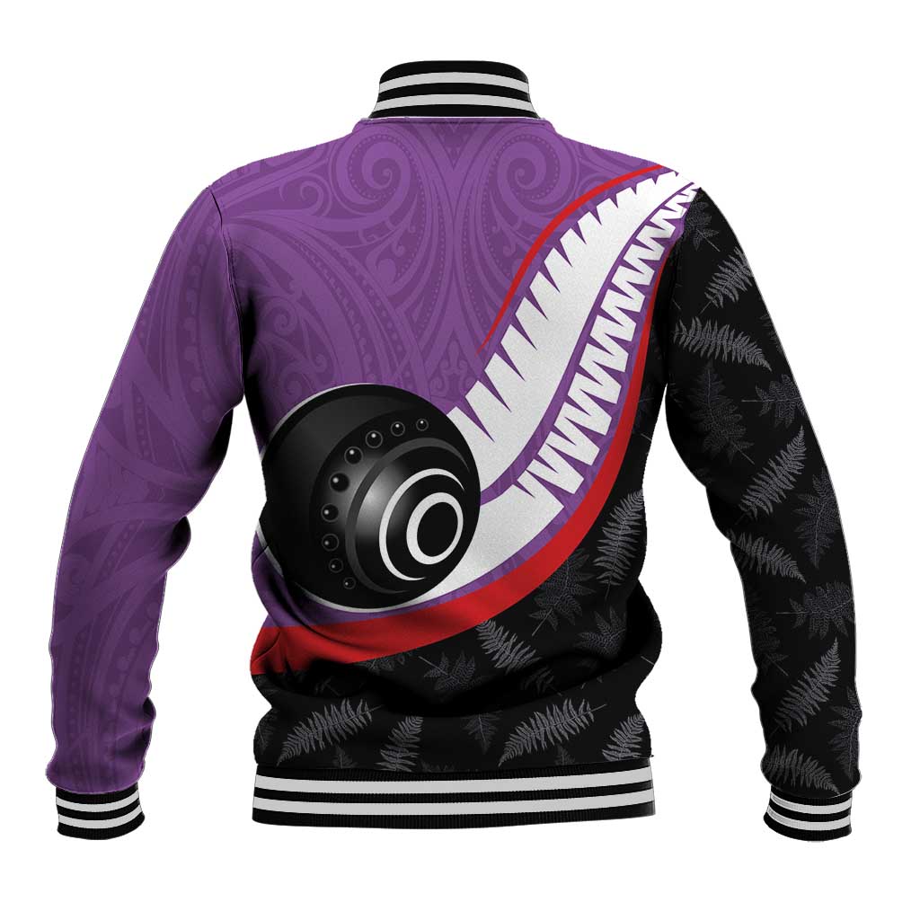 Personalised Aotearoa Lawn Bowls Baseball Jacket Maori and Silver Fern Sporty Style Purple Color - Aussie Hoodie