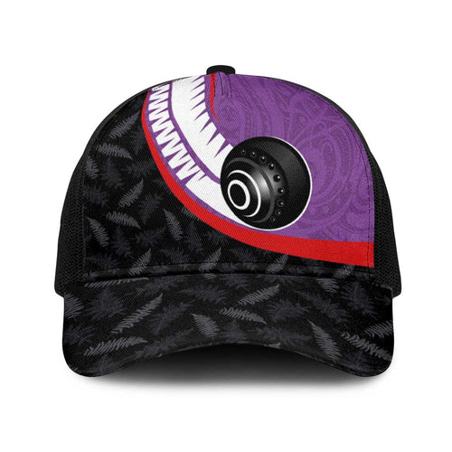 Aotearoa Lawn Bowls Baseball Net Cap Maori and Silver Fern Sporty Style Purple Color - Aussie Hoodie