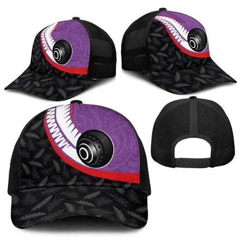 Aotearoa Lawn Bowls Baseball Net Cap Maori and Silver Fern Sporty Style Purple Color - Aussie Hoodie