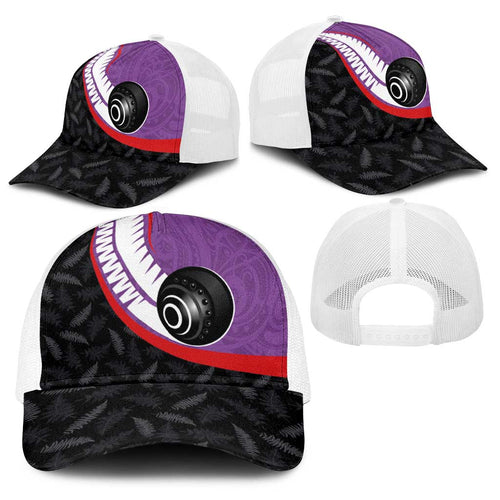 Aotearoa Lawn Bowls Baseball Net Cap Maori and Silver Fern Sporty Style Purple Color - Aussie Hoodie