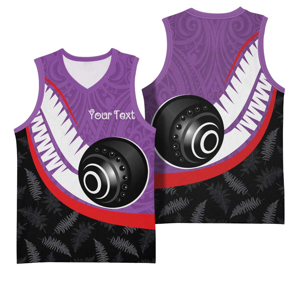 Personalised Aotearoa Lawn Bowls Basketball Jersey Maori and Silver Fern Sporty Style Purple Color - Aussie Hoodie