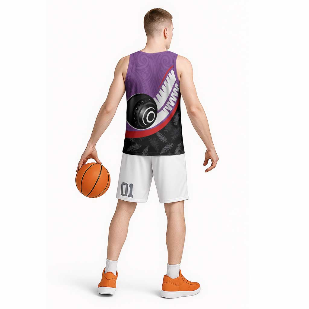 Personalised Aotearoa Lawn Bowls Basketball Jersey Maori and Silver Fern Sporty Style Purple Color - Aussie Hoodie