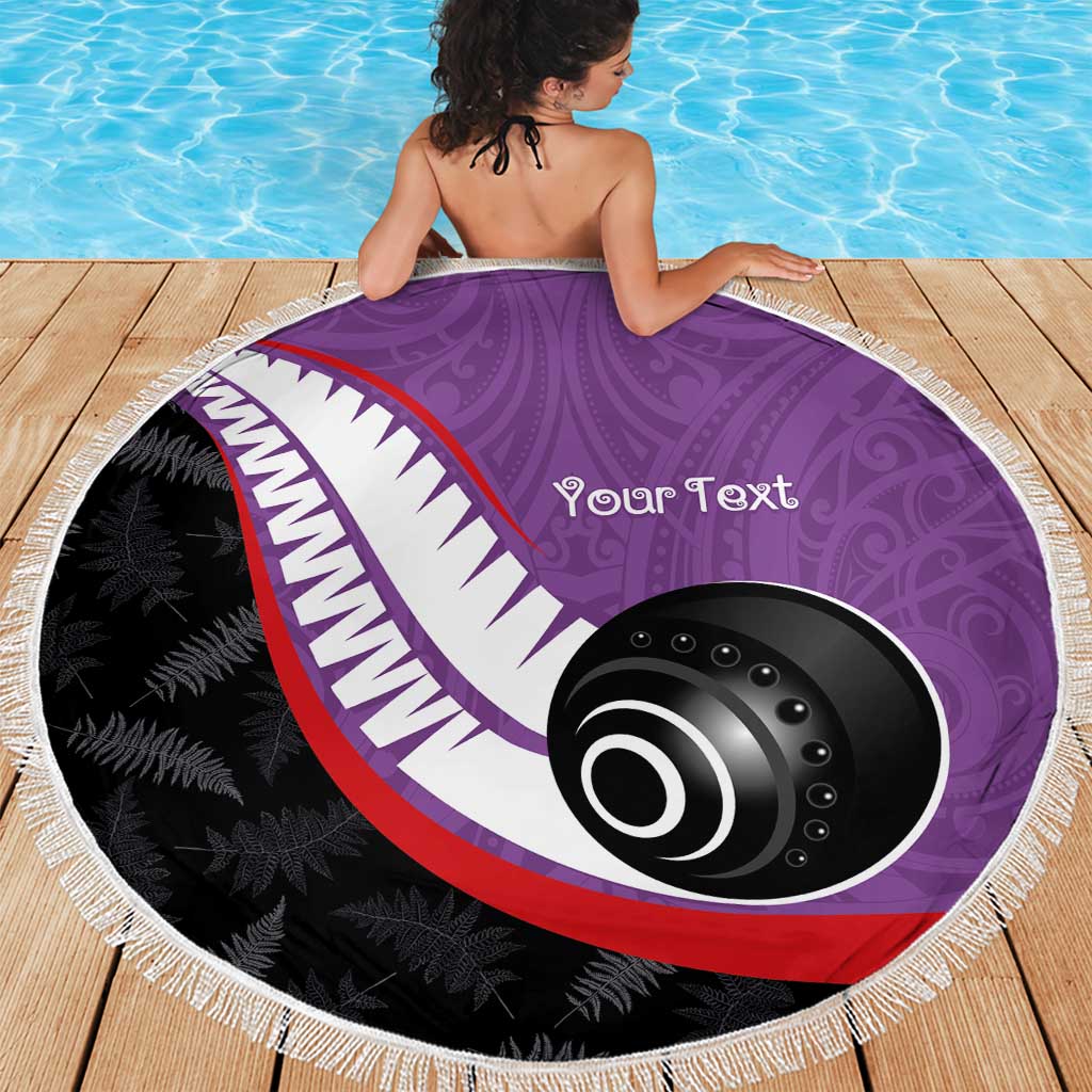 Personalised Aotearoa Lawn Bowls Beach Blanket Maori and Silver Fern Sporty Style Purple Color - Aussie Hoodie
