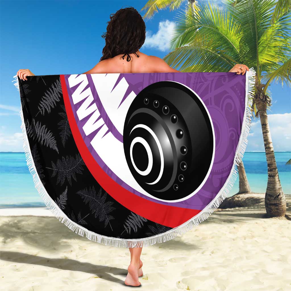 Personalised Aotearoa Lawn Bowls Beach Blanket Maori and Silver Fern Sporty Style Purple Color - Aussie Hoodie
