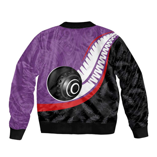 Personalised Aotearoa Lawn Bowls Bomber Jacket Maori and Silver Fern Sporty Style Purple Color - Aussie Hoodie