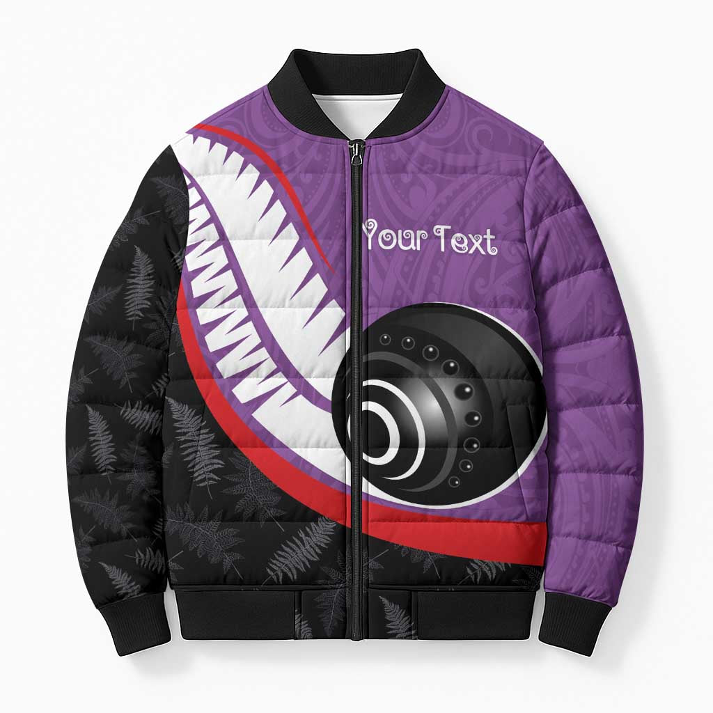 Personalised Aotearoa Lawn Bowls Bomber Puffer Jacket Maori and Silver Fern Sporty Style Purple Color - Aussie Hoodie