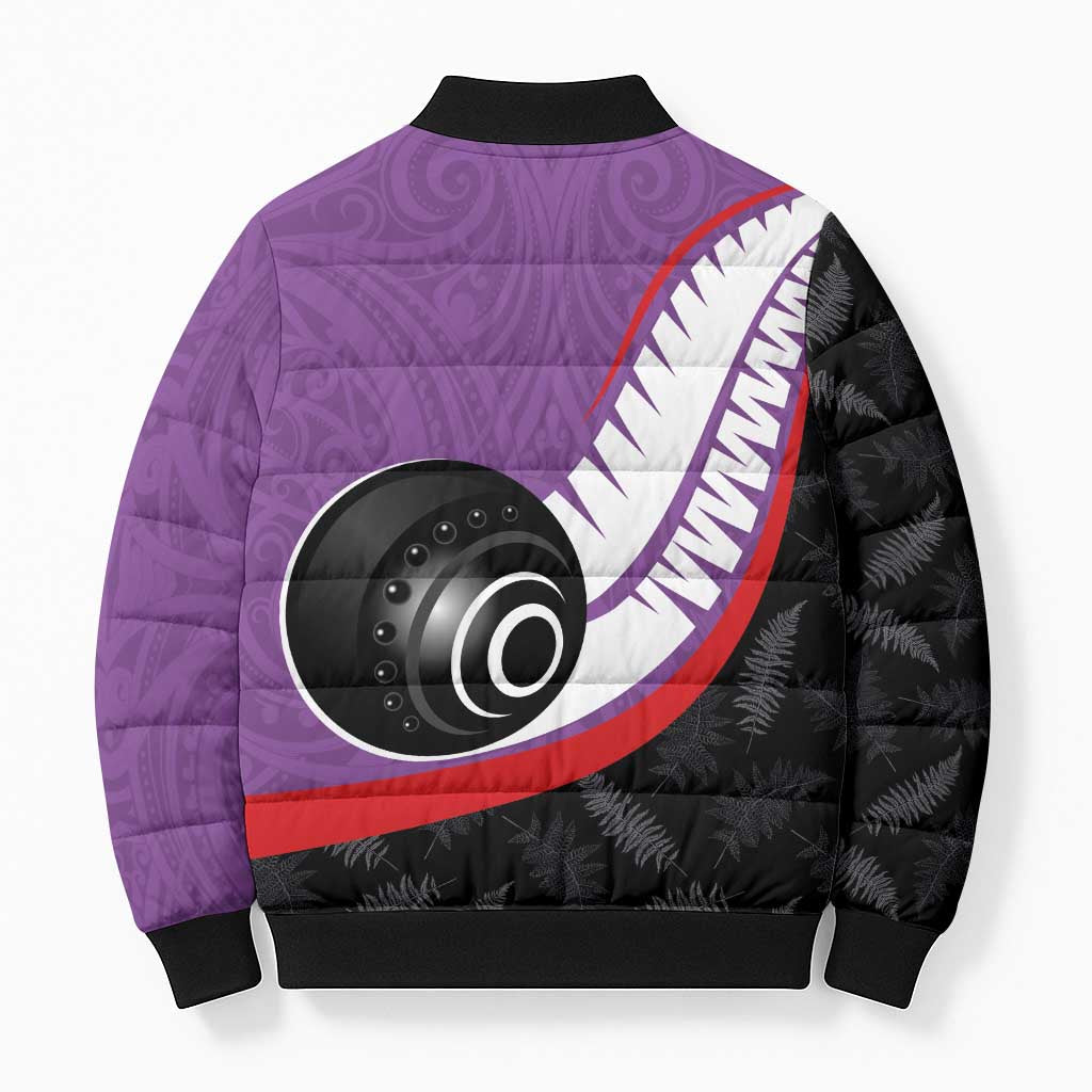 Personalised Aotearoa Lawn Bowls Bomber Puffer Jacket Maori and Silver Fern Sporty Style Purple Color - Aussie Hoodie