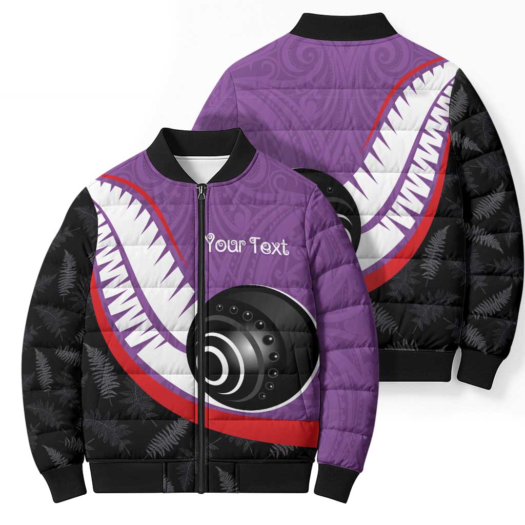Personalised Aotearoa Lawn Bowls Bomber Puffer Jacket Maori and Silver Fern Sporty Style Purple Color - Aussie Hoodie