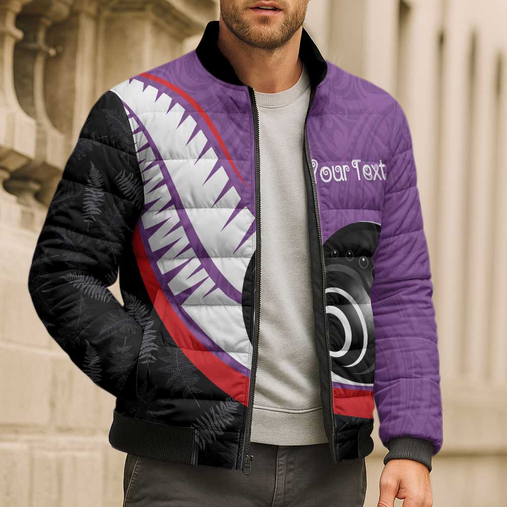 Personalised Aotearoa Lawn Bowls Bomber Puffer Jacket Maori and Silver Fern Sporty Style Purple Color - Aussie Hoodie