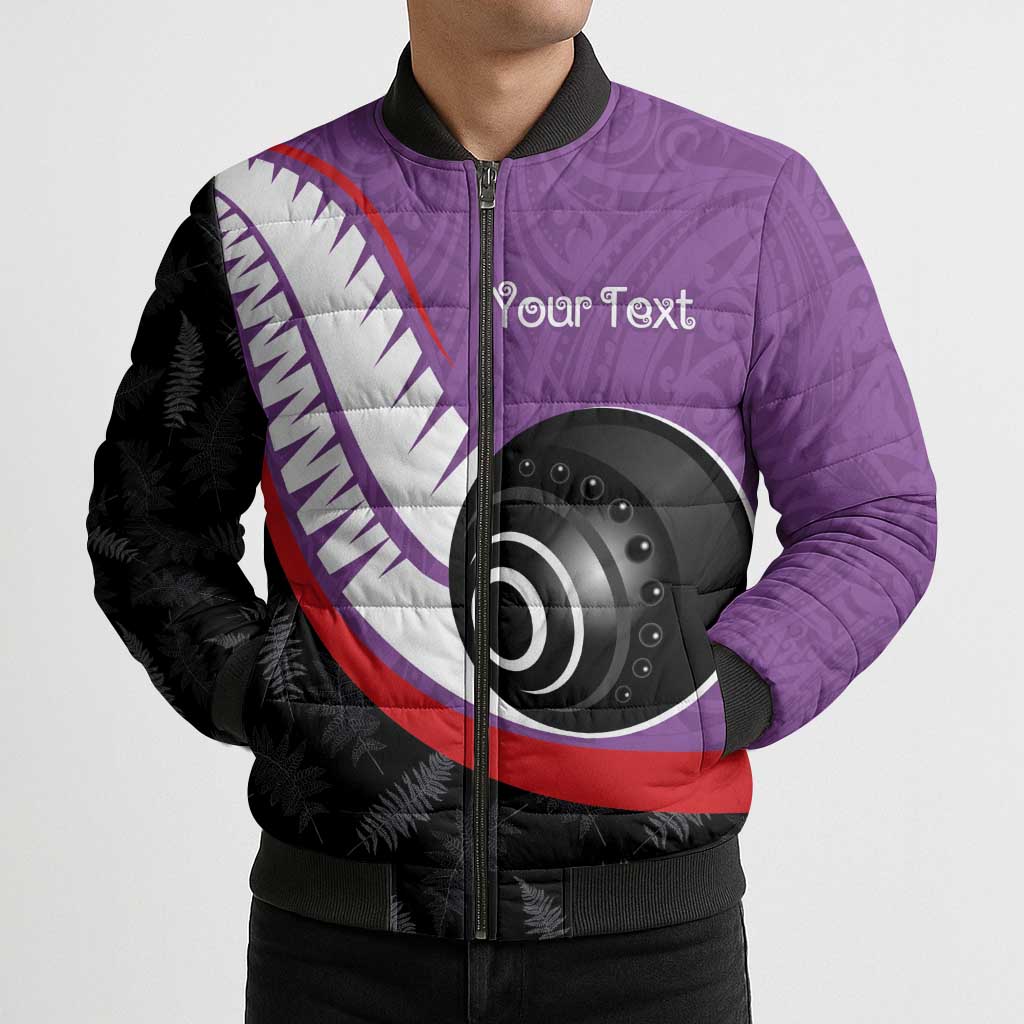 Personalised Aotearoa Lawn Bowls Bomber Puffer Jacket Maori and Silver Fern Sporty Style Purple Color - Aussie Hoodie