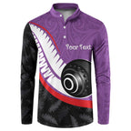 Personalised Aotearoa Lawn Bowls Button Sweatshirt Maori and Silver Fern Sporty Style Purple Color - Aussie Hoodie