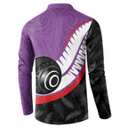 Personalised Aotearoa Lawn Bowls Button Sweatshirt Maori and Silver Fern Sporty Style Purple Color - Aussie Hoodie