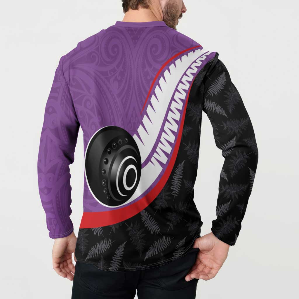 Personalised Aotearoa Lawn Bowls Button Sweatshirt Maori and Silver Fern Sporty Style Purple Color - Aussie Hoodie