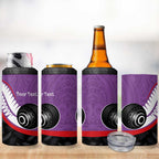 Personalised Aotearoa Lawn Bowls 4 in 1 Can Cooler Tumbler Maori and Silver Fern Sporty Style Purple Color - Aussie Hoodie
