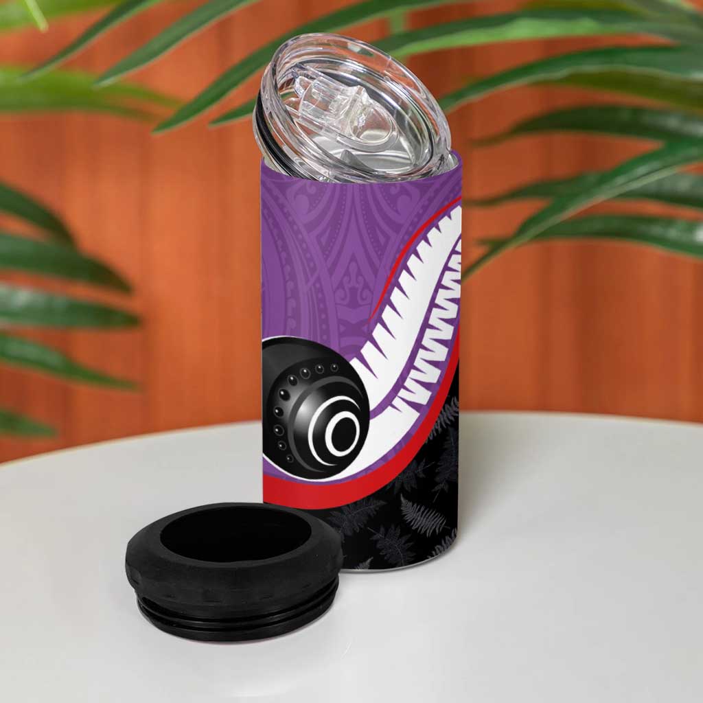 Personalised Aotearoa Lawn Bowls 4 in 1 Can Cooler Tumbler Maori and Silver Fern Sporty Style Purple Color - Aussie Hoodie