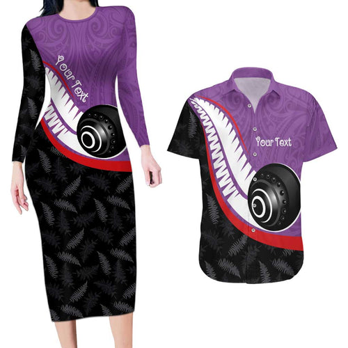 Personalised Aotearoa Lawn Bowls Couples Matching Long Sleeve Bodycon Dress and Hawaiian Shirt Maori and Silver Fern Sporty Style Purple Color - Aussie Hoodie