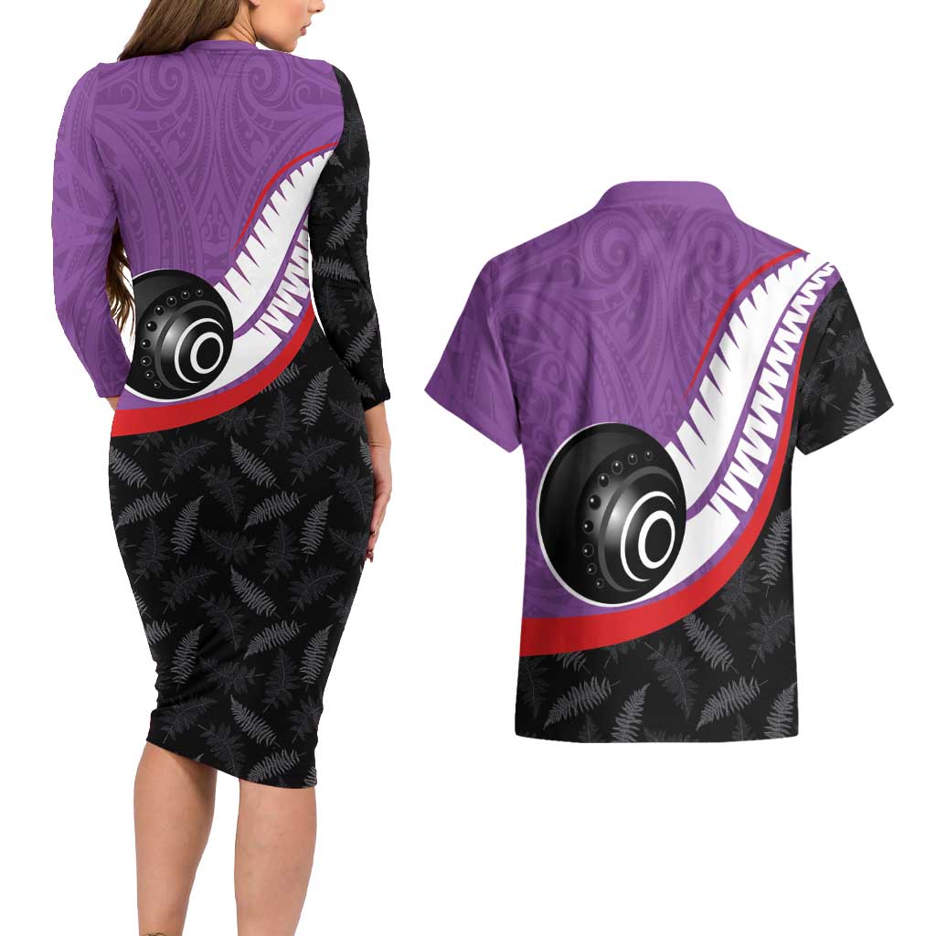 Personalised Aotearoa Lawn Bowls Couples Matching Long Sleeve Bodycon Dress and Hawaiian Shirt Maori and Silver Fern Sporty Style Purple Color - Aussie Hoodie