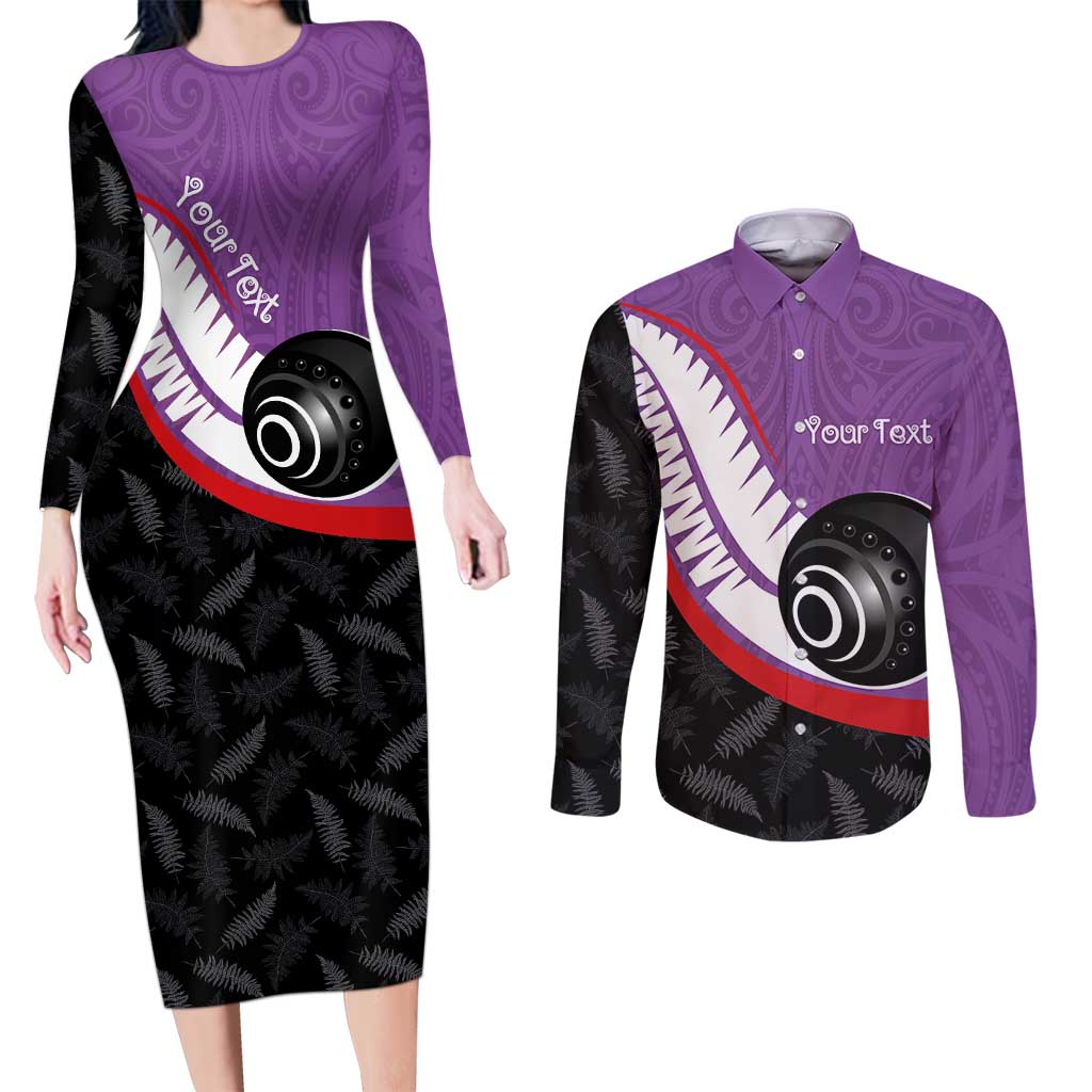 Personalised Aotearoa Lawn Bowls Couples Matching Long Sleeve Bodycon Dress and Long Sleeve Button Shirt Maori and Silver Fern Sporty Style Purple Color - Aussie Hoodie