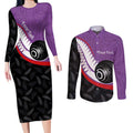 Personalised Aotearoa Lawn Bowls Couples Matching Long Sleeve Bodycon Dress and Long Sleeve Button Shirt Maori and Silver Fern Sporty Style Purple Color - Aussie Hoodie