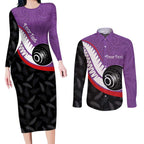 Personalised Aotearoa Lawn Bowls Couples Matching Long Sleeve Bodycon Dress and Long Sleeve Button Shirt Maori and Silver Fern Sporty Style Purple Color - Aussie Hoodie