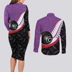 Personalised Aotearoa Lawn Bowls Couples Matching Long Sleeve Bodycon Dress and Long Sleeve Button Shirt Maori and Silver Fern Sporty Style Purple Color - Aussie Hoodie