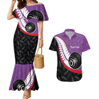 Personalised Aotearoa Lawn Bowls Couples Matching Mermaid Dress and Hawaiian Shirt Maori and Silver Fern Sporty Style Purple Color - Aussie Hoodie