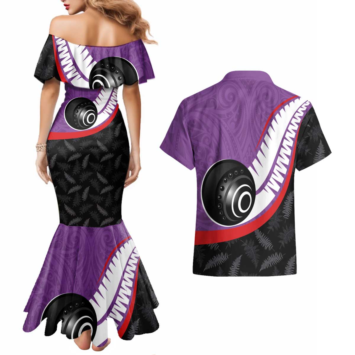 Personalised Aotearoa Lawn Bowls Couples Matching Mermaid Dress and Hawaiian Shirt Maori and Silver Fern Sporty Style Purple Color - Aussie Hoodie