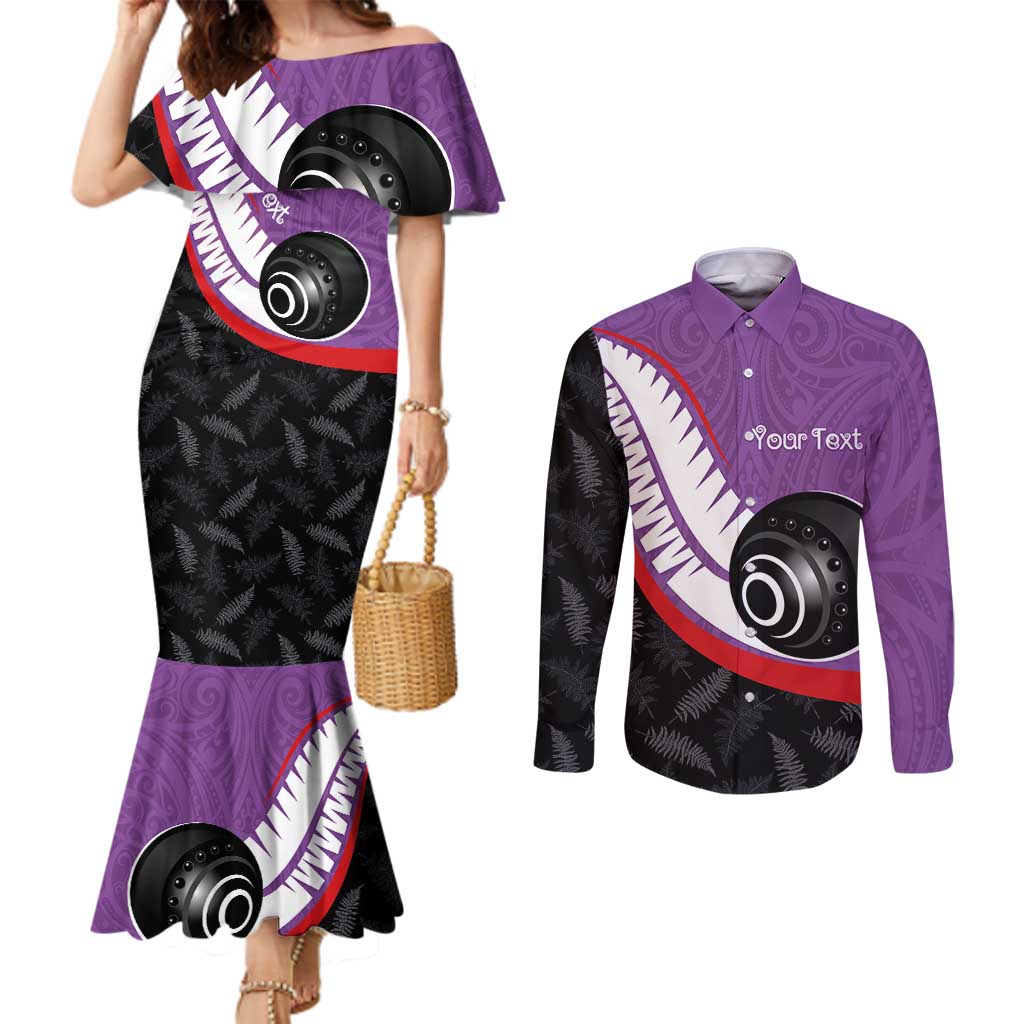 Personalised Aotearoa Lawn Bowls Couples Matching Mermaid Dress and Long Sleeve Button Shirt Maori and Silver Fern Sporty Style Purple Color - Aussie Hoodie