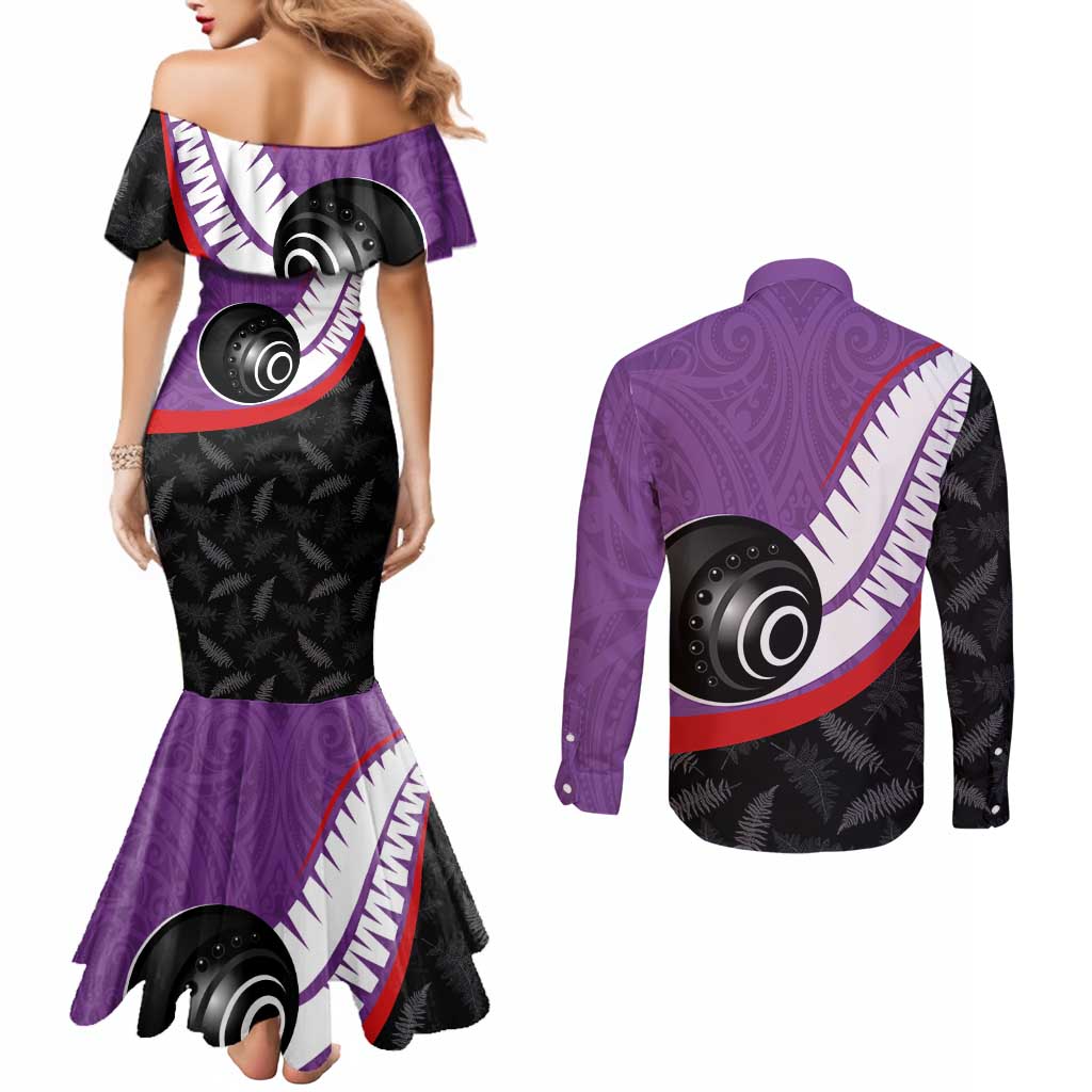 Personalised Aotearoa Lawn Bowls Couples Matching Mermaid Dress and Long Sleeve Button Shirt Maori and Silver Fern Sporty Style Purple Color - Aussie Hoodie