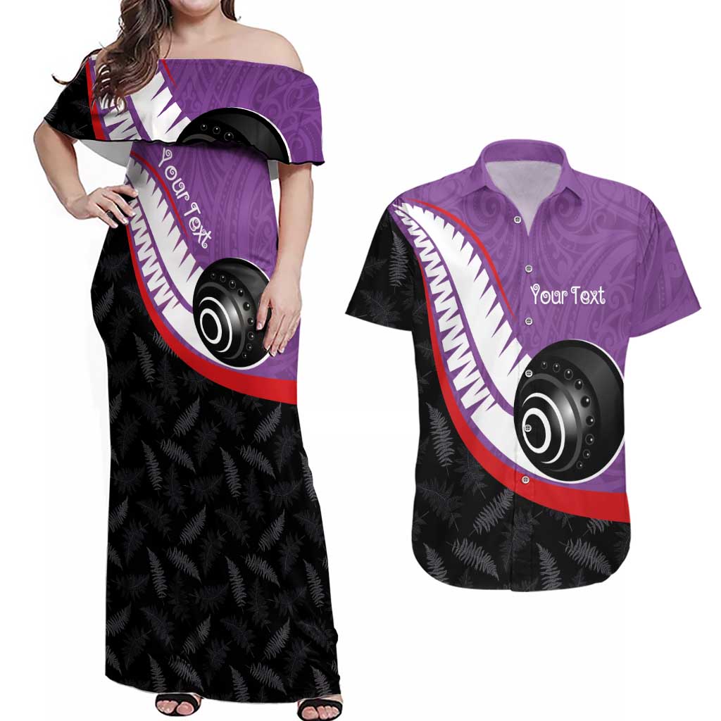 Personalised Aotearoa Lawn Bowls Couples Matching Off Shoulder Maxi Dress and Hawaiian Shirt Maori and Silver Fern Sporty Style Purple Color - Aussie Hoodie