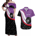 Personalised Aotearoa Lawn Bowls Couples Matching Off Shoulder Maxi Dress and Hawaiian Shirt Maori and Silver Fern Sporty Style Purple Color - Aussie Hoodie