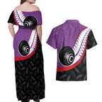 Personalised Aotearoa Lawn Bowls Couples Matching Off Shoulder Maxi Dress and Hawaiian Shirt Maori and Silver Fern Sporty Style Purple Color - Aussie Hoodie