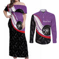 Personalised Aotearoa Lawn Bowls Couples Matching Off Shoulder Maxi Dress and Long Sleeve Button Shirt Maori and Silver Fern Sporty Style Purple Color - Aussie Hoodie