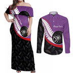 Personalised Aotearoa Lawn Bowls Couples Matching Off Shoulder Maxi Dress and Long Sleeve Button Shirt Maori and Silver Fern Sporty Style Purple Color - Aussie Hoodie