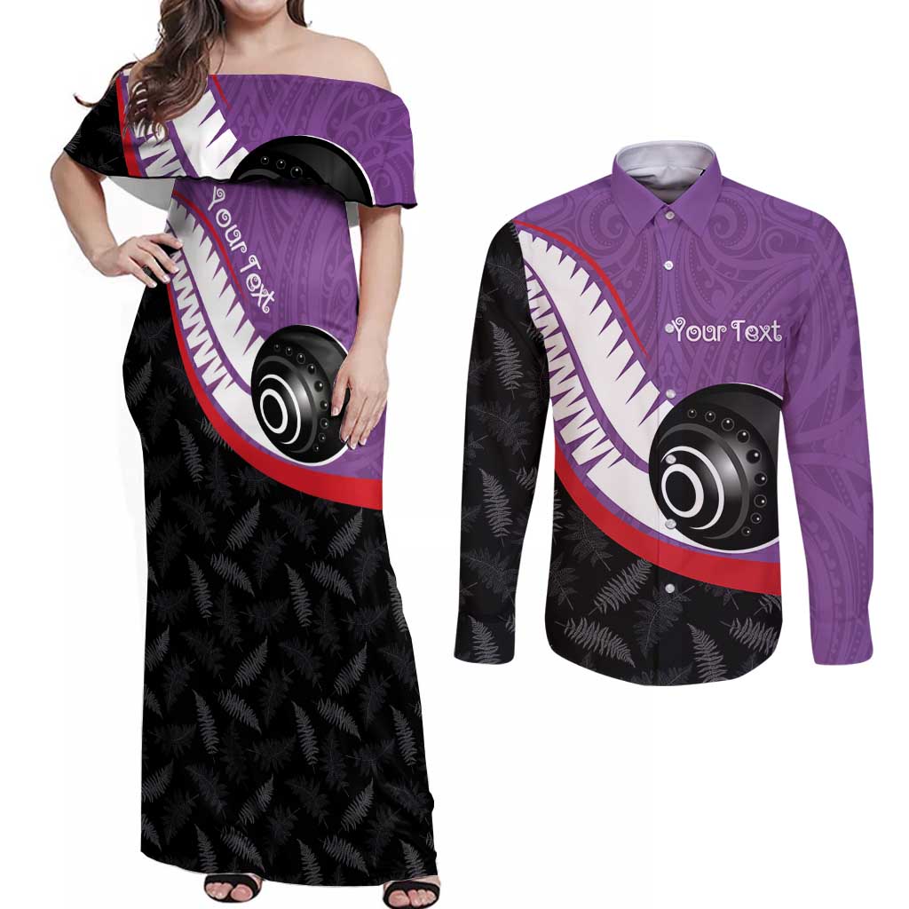 Personalised Aotearoa Lawn Bowls Couples Matching Off Shoulder Maxi Dress and Long Sleeve Button Shirt Maori and Silver Fern Sporty Style Purple Color - Aussie Hoodie