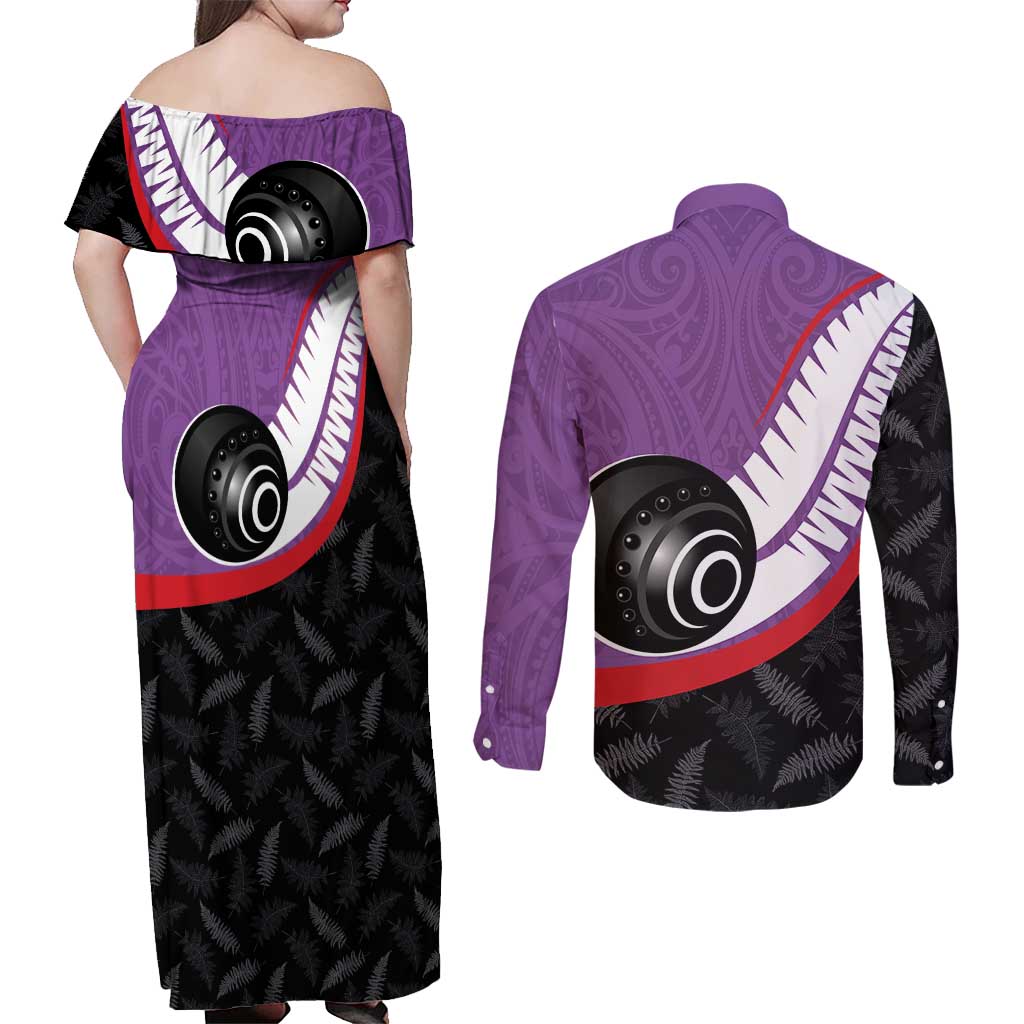 Personalised Aotearoa Lawn Bowls Couples Matching Off Shoulder Maxi Dress and Long Sleeve Button Shirt Maori and Silver Fern Sporty Style Purple Color - Aussie Hoodie
