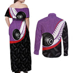Personalised Aotearoa Lawn Bowls Couples Matching Off Shoulder Maxi Dress and Long Sleeve Button Shirt Maori and Silver Fern Sporty Style Purple Color - Aussie Hoodie