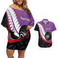 Personalised Aotearoa Lawn Bowls Couples Matching Off Shoulder Short Dress and Hawaiian Shirt Maori and Silver Fern Sporty Style Purple Color - Aussie Hoodie