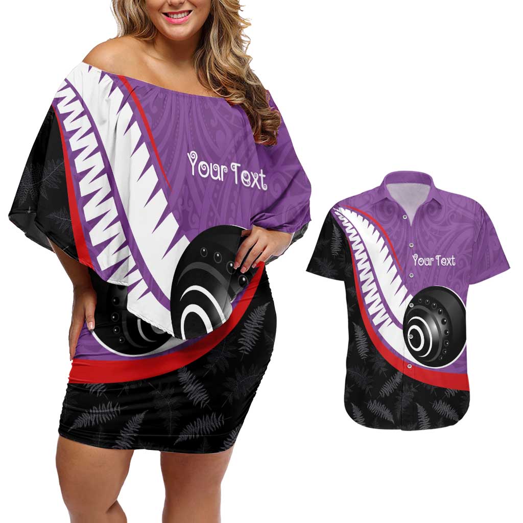 Personalised Aotearoa Lawn Bowls Couples Matching Off Shoulder Short Dress and Hawaiian Shirt Maori and Silver Fern Sporty Style Purple Color - Aussie Hoodie