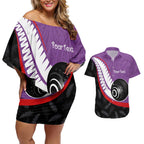 Personalised Aotearoa Lawn Bowls Couples Matching Off Shoulder Short Dress and Hawaiian Shirt Maori and Silver Fern Sporty Style Purple Color - Aussie Hoodie