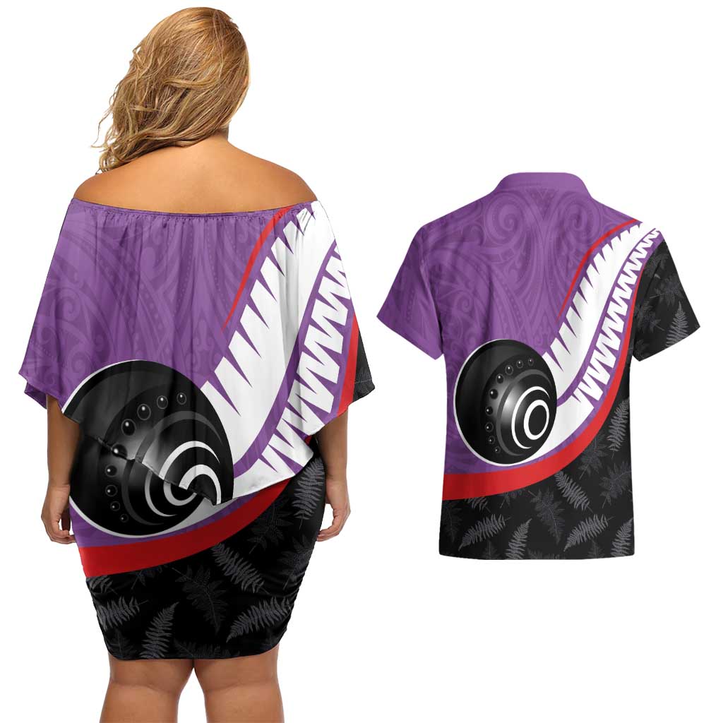 Personalised Aotearoa Lawn Bowls Couples Matching Off Shoulder Short Dress and Hawaiian Shirt Maori and Silver Fern Sporty Style Purple Color - Aussie Hoodie