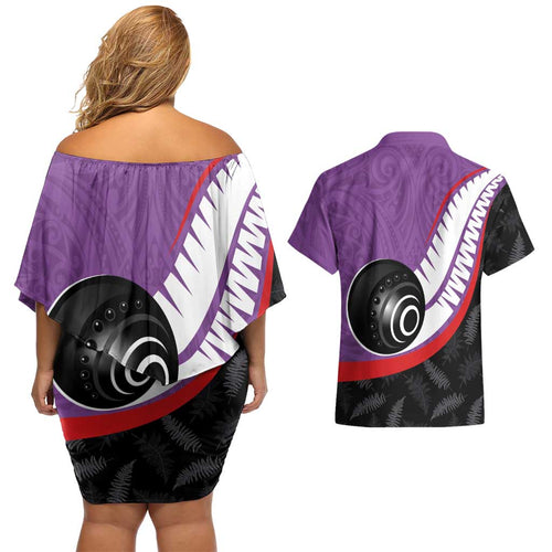Personalised Aotearoa Lawn Bowls Couples Matching Off Shoulder Short Dress and Hawaiian Shirt Maori and Silver Fern Sporty Style Purple Color - Aussie Hoodie