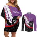 Personalised Aotearoa Lawn Bowls Couples Matching Off Shoulder Short Dress and Long Sleeve Button Shirt Maori and Silver Fern Sporty Style Purple Color - Aussie Hoodie