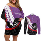 Personalised Aotearoa Lawn Bowls Couples Matching Off Shoulder Short Dress and Long Sleeve Button Shirt Maori and Silver Fern Sporty Style Purple Color - Aussie Hoodie