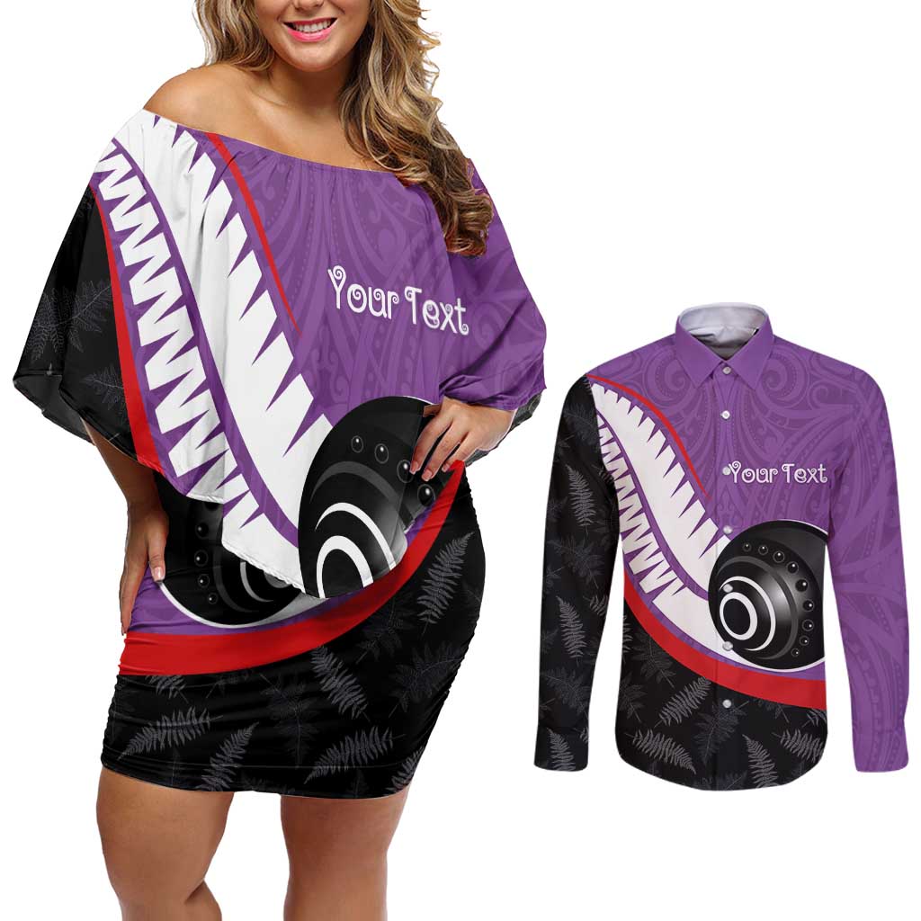 Personalised Aotearoa Lawn Bowls Couples Matching Off Shoulder Short Dress and Long Sleeve Button Shirt Maori and Silver Fern Sporty Style Purple Color - Aussie Hoodie