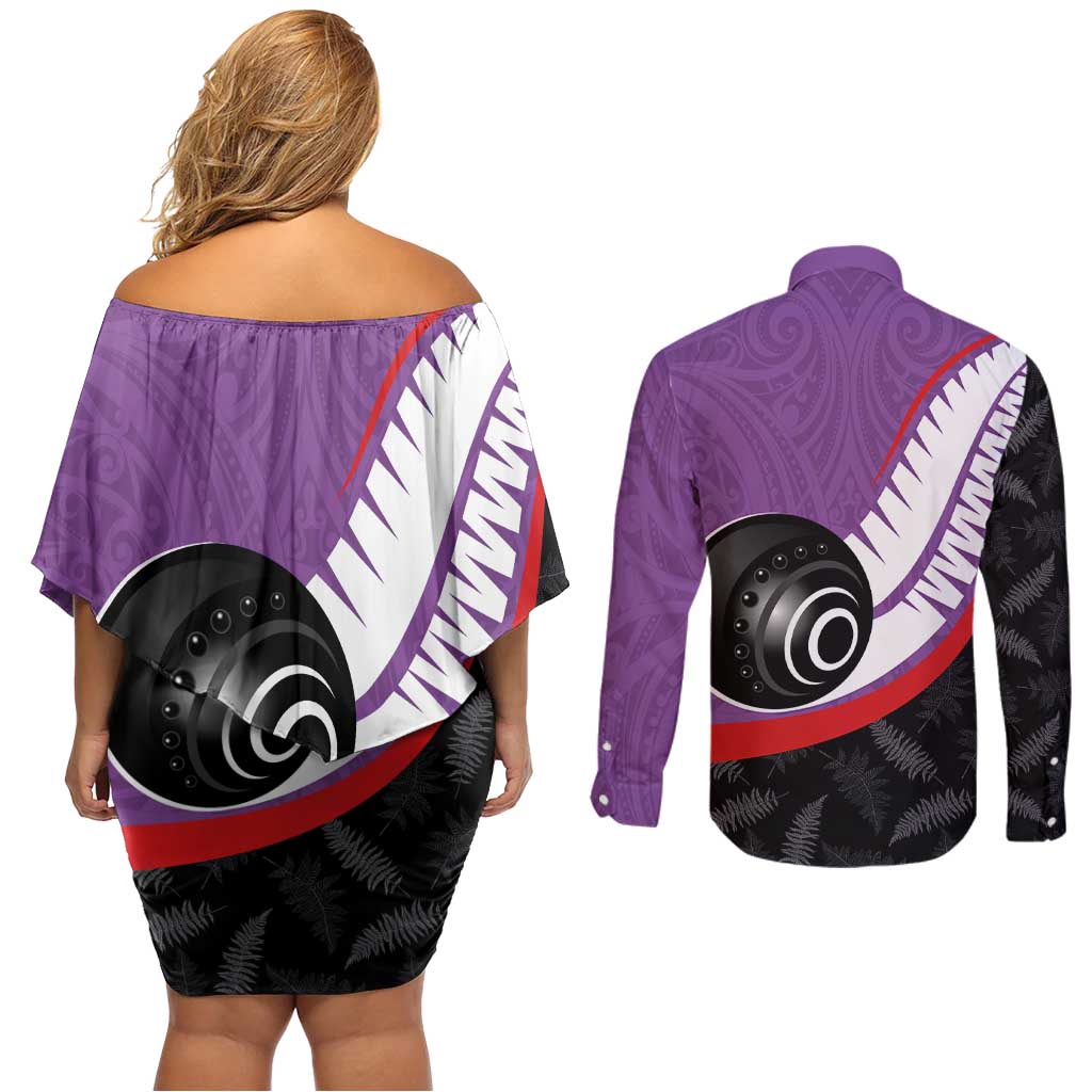 Personalised Aotearoa Lawn Bowls Couples Matching Off Shoulder Short Dress and Long Sleeve Button Shirt Maori and Silver Fern Sporty Style Purple Color - Aussie Hoodie