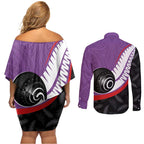 Personalised Aotearoa Lawn Bowls Couples Matching Off Shoulder Short Dress and Long Sleeve Button Shirt Maori and Silver Fern Sporty Style Purple Color - Aussie Hoodie