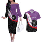 Personalised Aotearoa Lawn Bowls Couples Matching Off The Shoulder Long Sleeve Dress and Hawaiian Shirt Maori and Silver Fern Sporty Style Purple Color - Aussie Hoodie