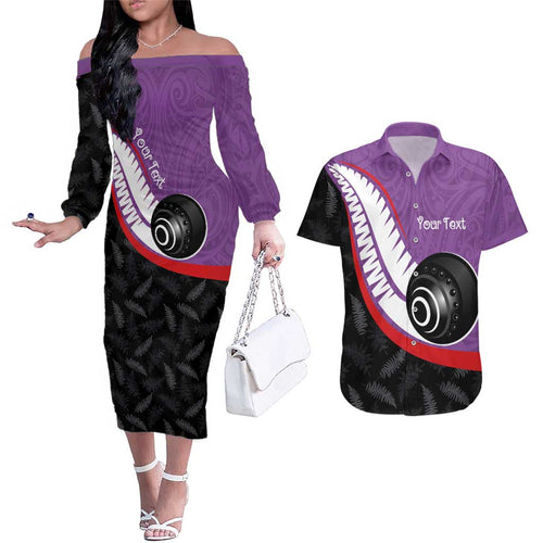 Personalised Aotearoa Lawn Bowls Couples Matching Off The Shoulder Long Sleeve Dress and Hawaiian Shirt Maori and Silver Fern Sporty Style Purple Color - Aussie Hoodie