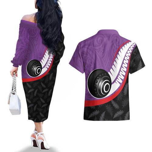 Personalised Aotearoa Lawn Bowls Couples Matching Off The Shoulder Long Sleeve Dress and Hawaiian Shirt Maori and Silver Fern Sporty Style Purple Color - Aussie Hoodie